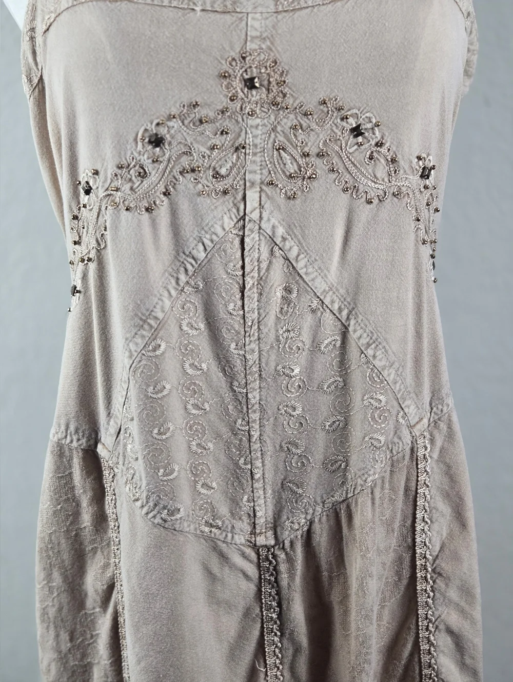 Coline XL Boho Goddess Embroidered Midi Dress Stonewashed Festival Chic Earthy